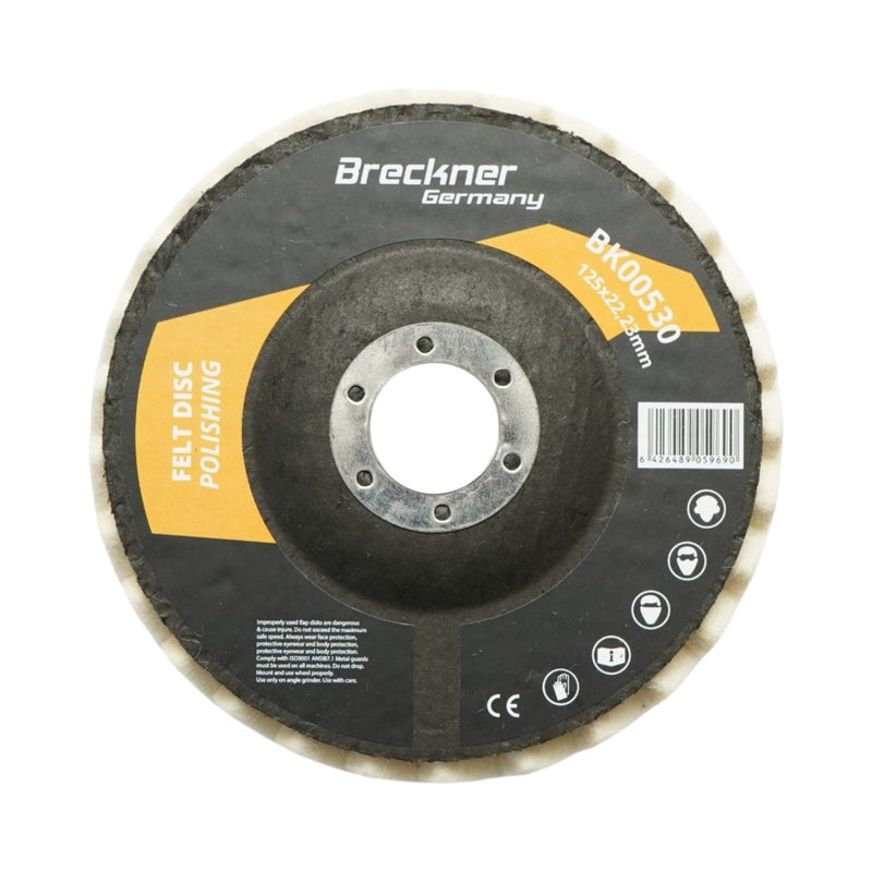 Disco lamellare per lucidatura (feltro) 125x6x22,23 mm, per la lucidatura e la finitura di metallo, acciaio inox e alluminio. Breckner Germany