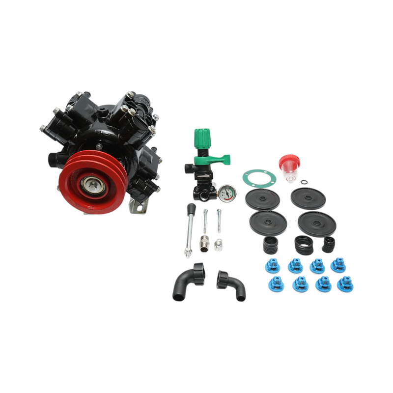Pompa a 4 membrane da 7,5 CV/5,5 kW, portata 60 l/min, pressione 30 bar, velocità 500–600 giri/min.