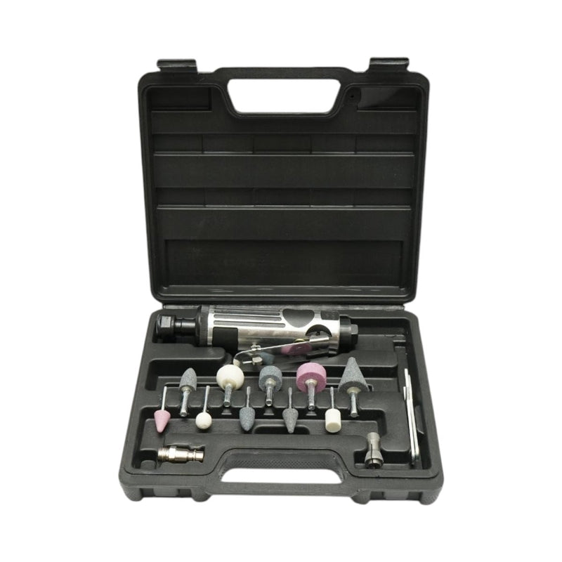 Kit smerigliatrice pneumatica diritta tipo biax, 22.000 giri/min, pinze da 3 mm e 6 mm, pressione di esercizio 6,3 bar, 16 pezzi. Breckner Germany