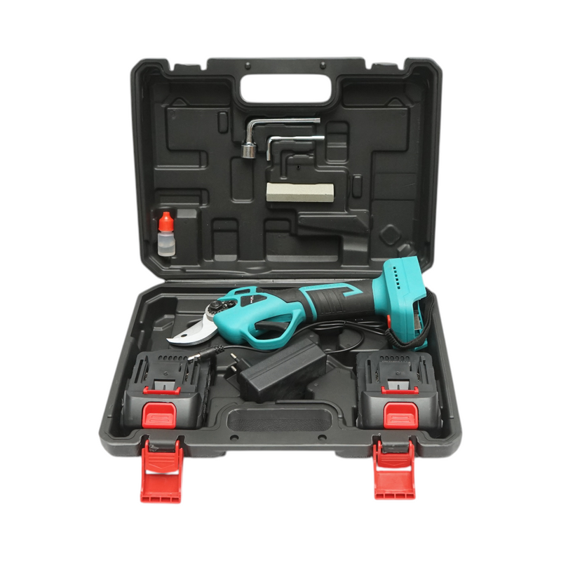 Forbici da potatura elettriche con due batterie agli ioni di litio da 21 V e 1,5 Ah, motore brushless, diametro di taglio 0–25 mm e pulsante di sicurezza. Breckner Germany