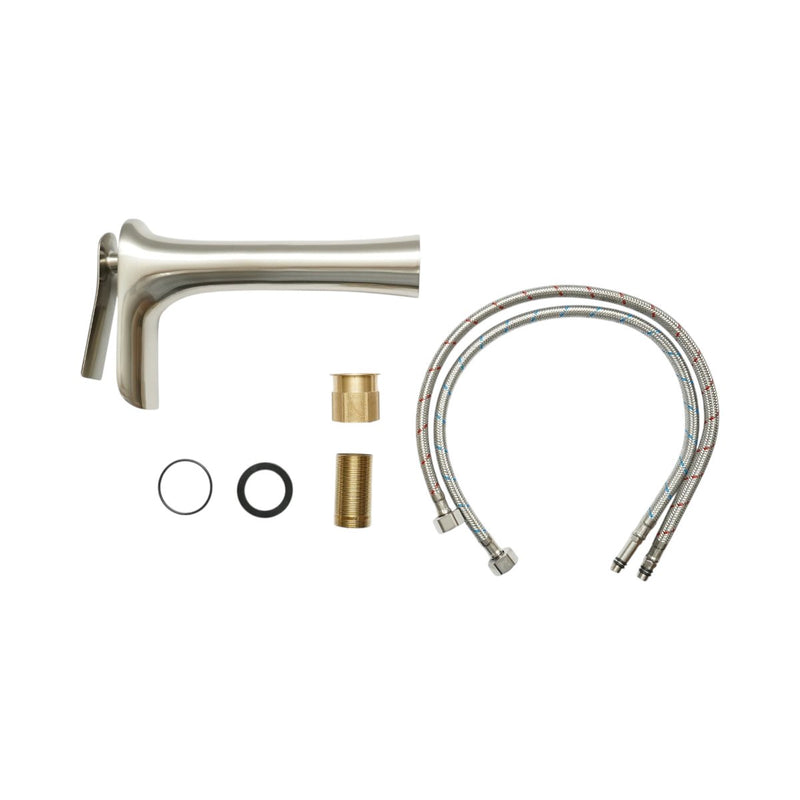 Rubinetto alto di alta qualità per lavabo da bagno in rame, con erogazione a cascata, design rotondo, miscelatore monocomando, finitura argento satinato e flessibili inclusi.