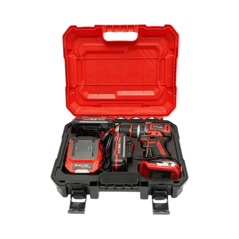 Trapano avvitatore a percussione a batteria da 500 W, due batterie agli ioni di litio da 21 V e 1,5 Ah, LED, motore brushless, coppia di 50 Nm, mandrino da 13 mm, 0-500/1600 giri/min