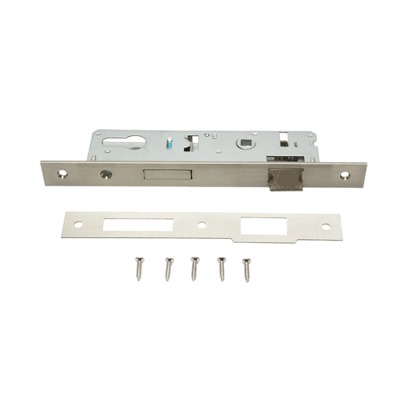 Serratura da infilare con scrocco, 43x174 mm; frontale 23x240 mm; finitura nichel satinato; viti incluse.