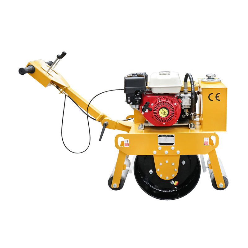 Rullo compattatore da 200 kg con tamburi da 450 mm e motore a benzina Honda GX160 da 5,5 CV, avviamento manuale.