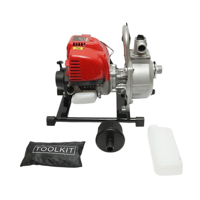 Motopompa a benzina 4 tempi da 1,36 CV e 35,8 cc, attacco da 1 pollice, portata 7 m³/h, autoadescante, profondità di aspirazione 7 m, prevalenza 25 m. Breckner Germany