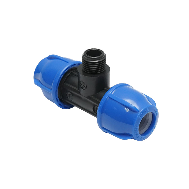 Raccordo a T a compressione a 90° con filetto maschio D20x20 mm x 1/2", PN16 bar, per impianti di irrigazione