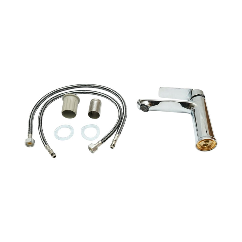 Miscelatore alto e rotondo per lavabo, monocomando, finitura cromata lucida, in lega di zinco, flessibili inclusi