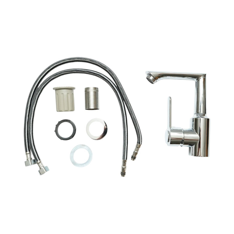 Miscelatore lavabo bagno di forma rotonda, monocomando, finitura cromo lucido, acciaio inox, flessibili inclusi
