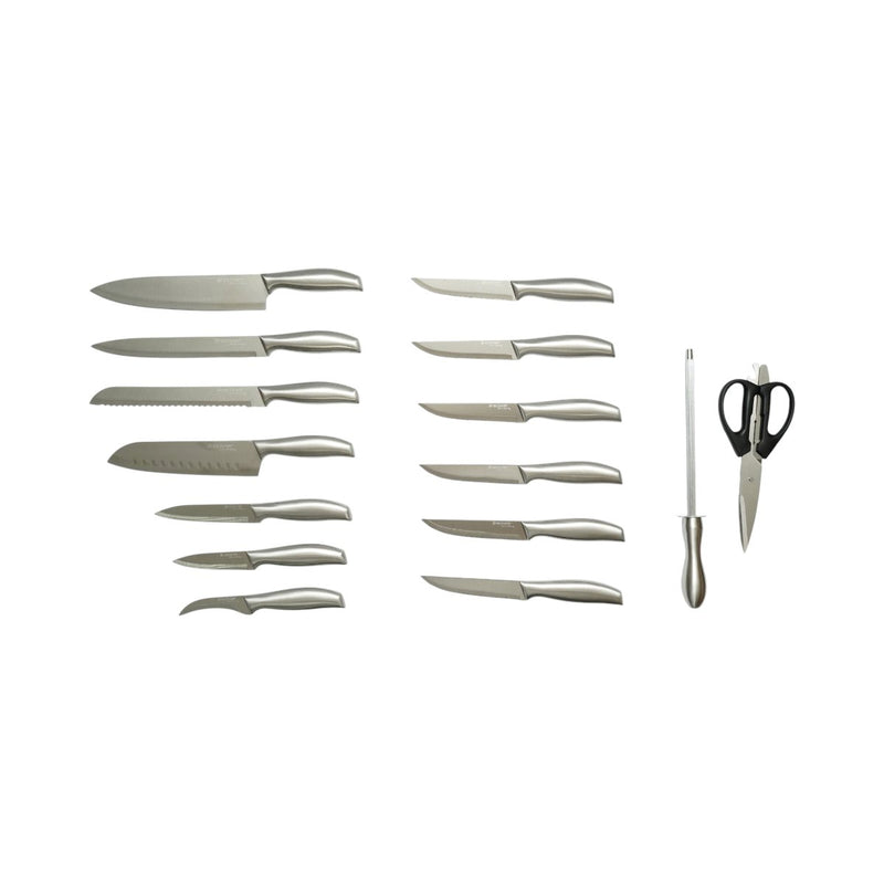 Set di coltelli da cucina da 16 pezzi con ceppo in legno, forbici e acciaino; lame in acciaio 3Cr13, manici in acciaio 18/0. Breckner Germany