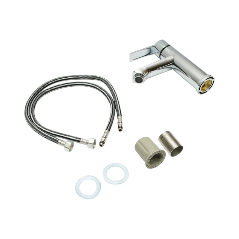 Miscelatore alto e rotondo per lavabo, monocomando, finitura cromata lucida, acciaio inossidabile, flessibili inclusi