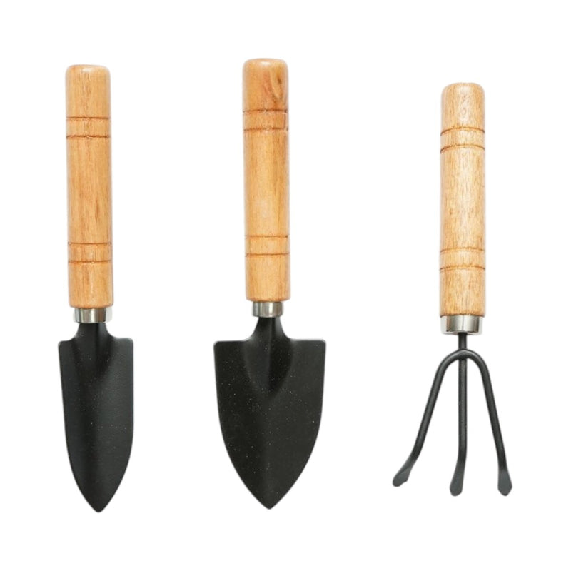 Set di 3 attrezzi da giardinaggio con paletta, trapiantatore, coltivatore e manici in legno. Breckner Germany