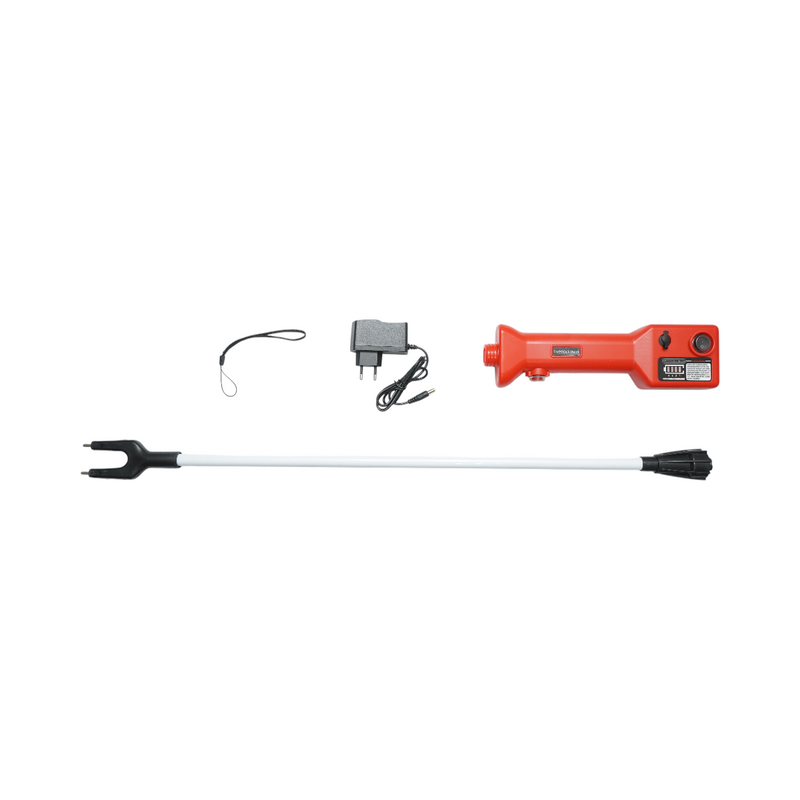 Pungolo elettrico per bestiame (1100 V) con batteria ricaricabile da 8,4 V e 2200 mAh, indicatore di carica e asta da 80 cm.