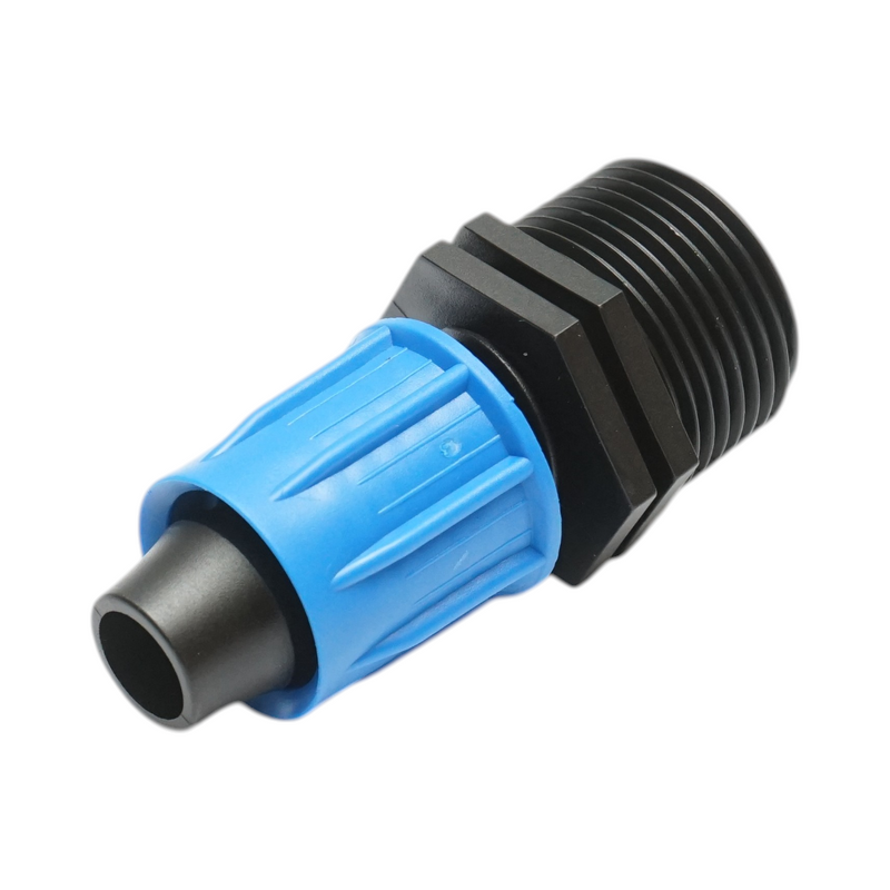 Connettore per tubo di irrigazione a goccia con filettatura esterna da 16 mm x 3/4 di pollice per sistemi di irrigazione.