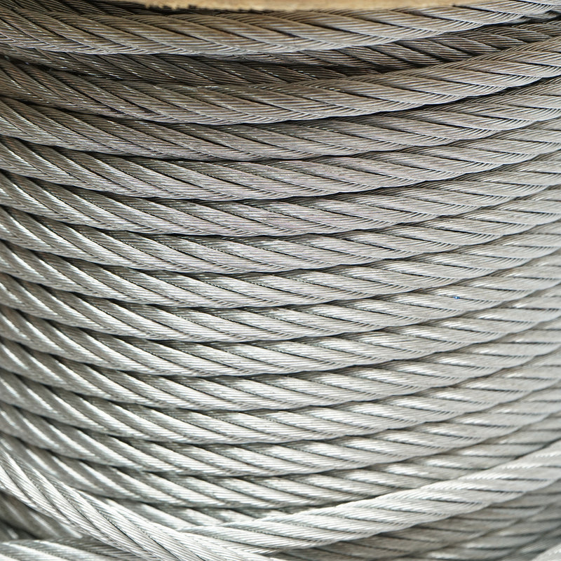 Cavo in acciaio zincato da 8 mm, costruzione 6x19, carico massimo 3480 kg, peso 22 kg, rotolo da 100 m