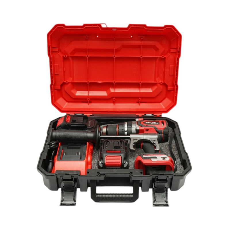 Trapano avvitatore a percussione brushless da 1000 W, due batterie agli ioni di litio da 21 V e 4 Ah, LED, 180 Nm, mandrino da 13 mm, 0-500/2000 giri/min, impugnatura antivibrazione Breckner Germany