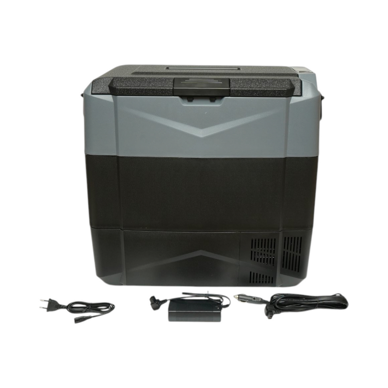 Frigorifero per auto 55L con compressore 12V-24V-220V, 60W, display LCD, doppia zona di raffreddamento, USB 630x390x590mm