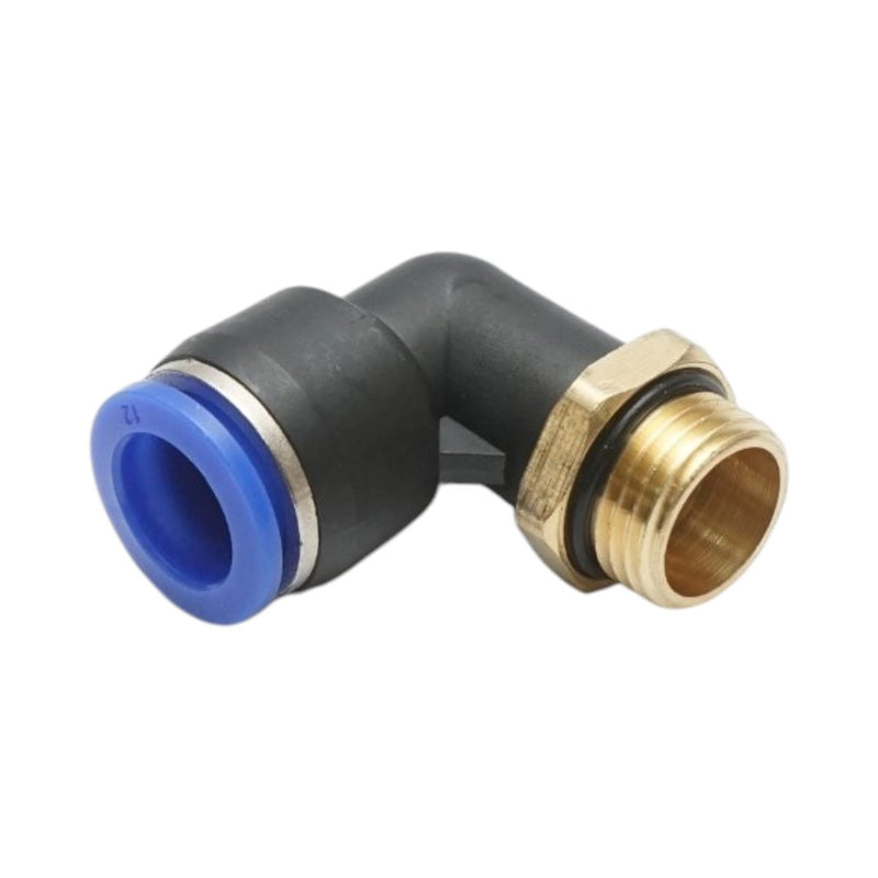 Raccordo a gomito a innesto rapido in plastica da 12 mm con filetto maschio in ottone M16