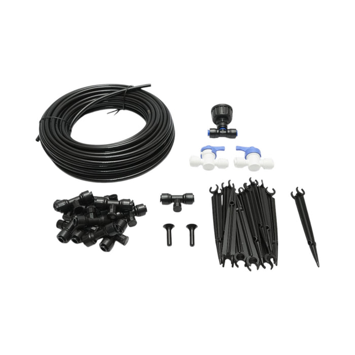 Kit completo per irrigazione a spruzzo con tubo da 15 m, ugelli, rubinetti e aste di fissaggio (30 pezzi)
