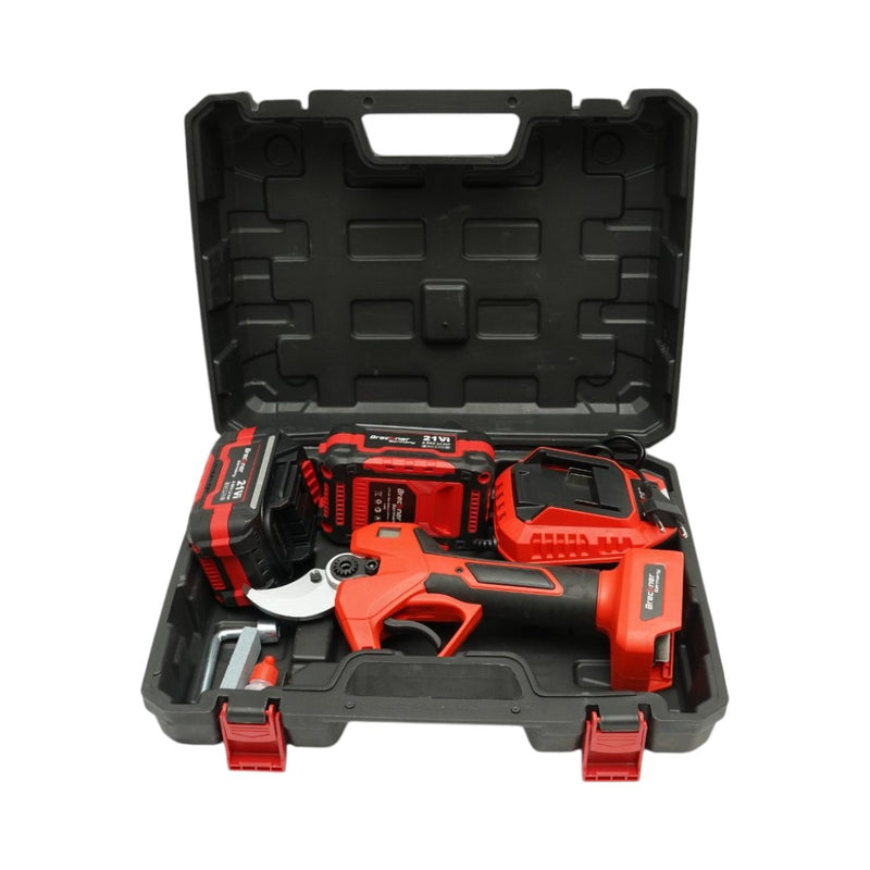 Forbici da potatura elettriche da 500 W con due batterie agli ioni di litio da 21 V e 4 Ah, motore brushless, display digitale e diametro di taglio massimo di 40 mm. Breckner Germany