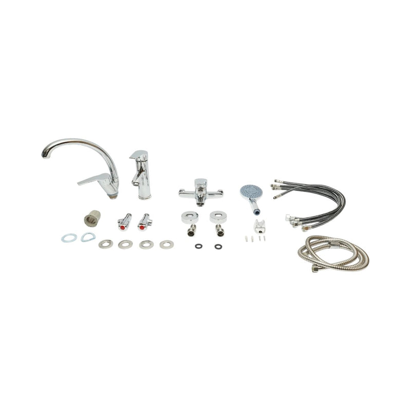 Set di rubinetti 3 in 1 per bagno e cucina: miscelatore per vasca con doccetta e flessibile, miscelatore per lavabo, miscelatore per lavello cucina; monocomando, finitura cromata lucida, lega di zinco, flessibili inclusi.