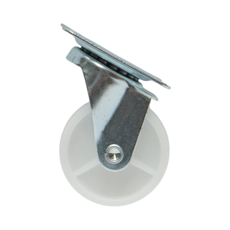 Ruota pivottante 65x23 mm senza freno, in polipropilene bianco, piastra in acciaio 70x58 mm, portata 35 kg