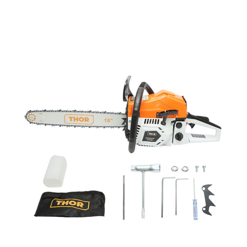 Motosega a scoppio professionale THOR a 2 tempi, 58 cc, 3,3 CV, 8500 giri/min, barra da 18 pollici (450 mm)