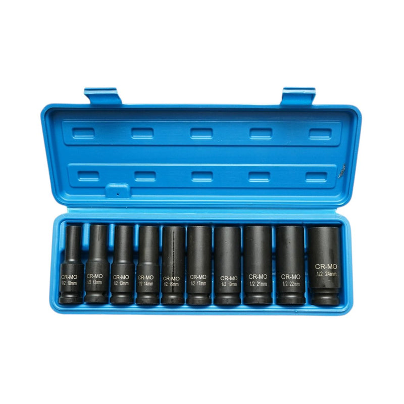 Set di 10 bussole a impatto lunghe con attacco da 1/2" (10–24 mm), Cr-Mo Breckner Germany