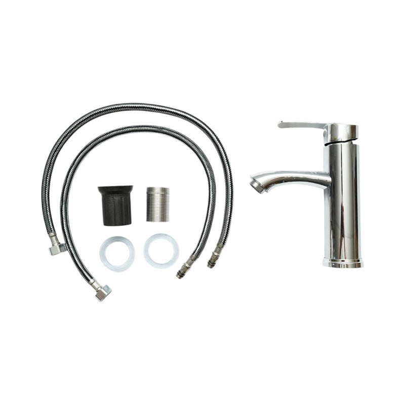Miscelatore alto e rotondo per lavabo, monocomando, finitura cromata lucida, acciaio inossidabile, flessibili inclusi