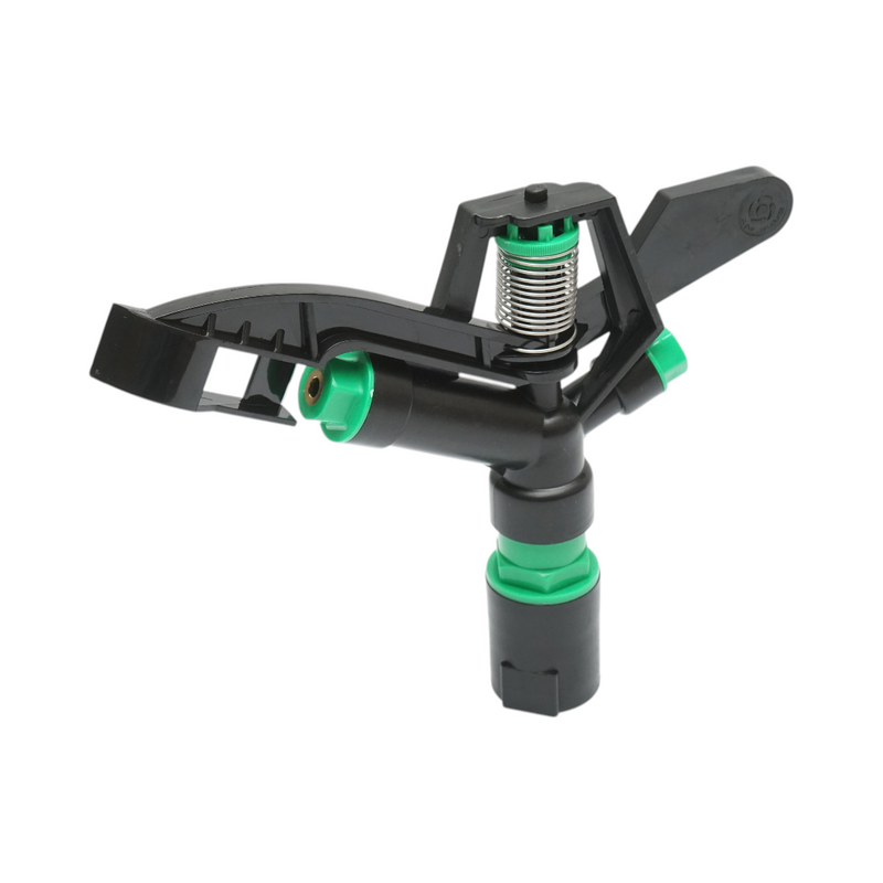 Irrigatore a battente regolabile con braccio oscillante, 2 ugelli, raggio 8–11 m, portata 18–25 l/min, attacco femmina da 1 pollice. Breckner Germany