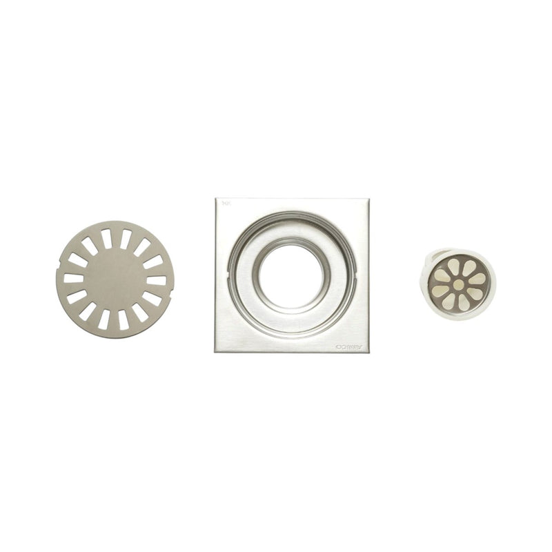Scarico a pavimento quadrato con griglia, argento satinato, acciaio inox, 100x100 mm