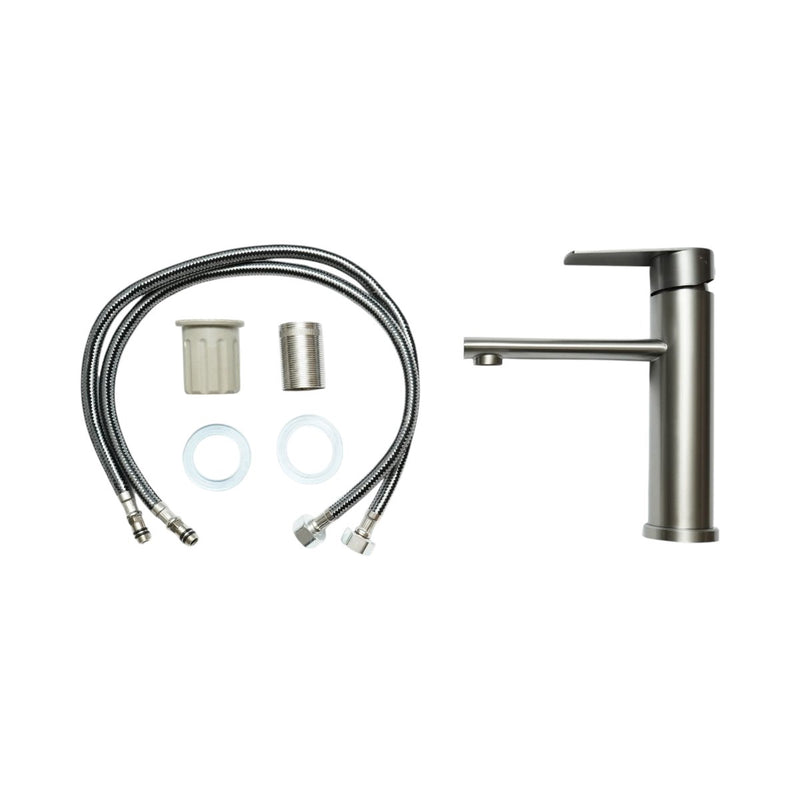 Miscelatore alto per lavabo da bagno, monocomando, finitura grigio grafite satinato, acciaio inox, flessibili inclusi