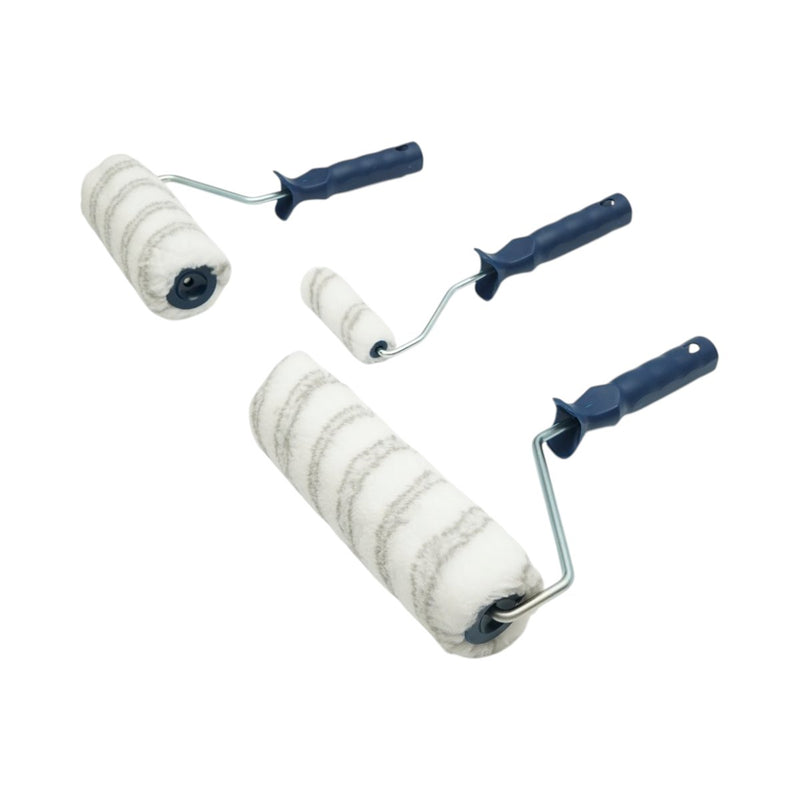 Set di 3 rulli per verniciatura in poliestere (10 cm, 18 cm, 25 cm), manico in PP, vaschetta/griglia per vernice in plastica. Breckner Germany