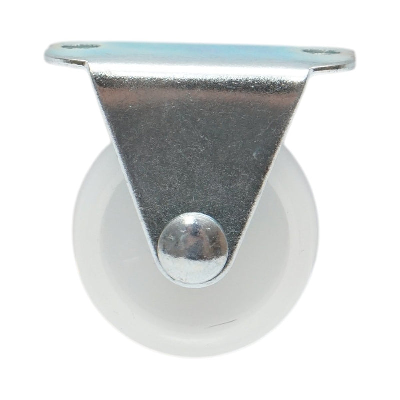 Ruota fissa 30x14 mm, senza freno, in polipropilene bianco, piastra in acciaio 37x19 mm, portata 15 kg
