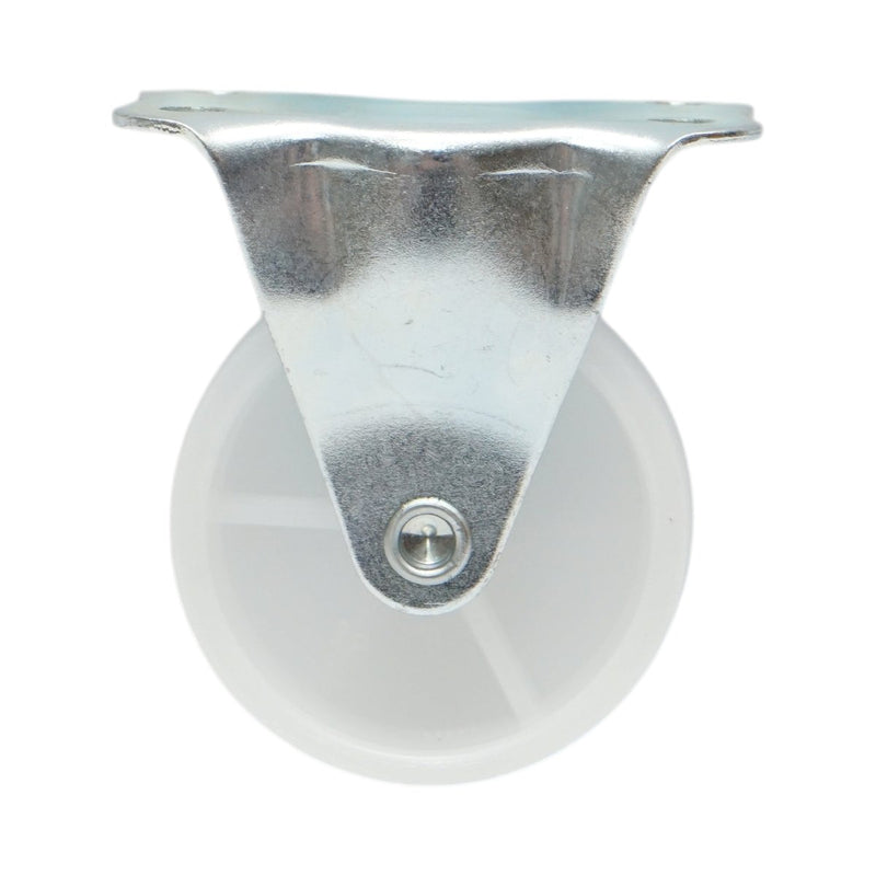 Ruota fissa 50x22 mm senza freno, in polipropilene bianco, piastra in acciaio 60x41 mm, portata 30 kg