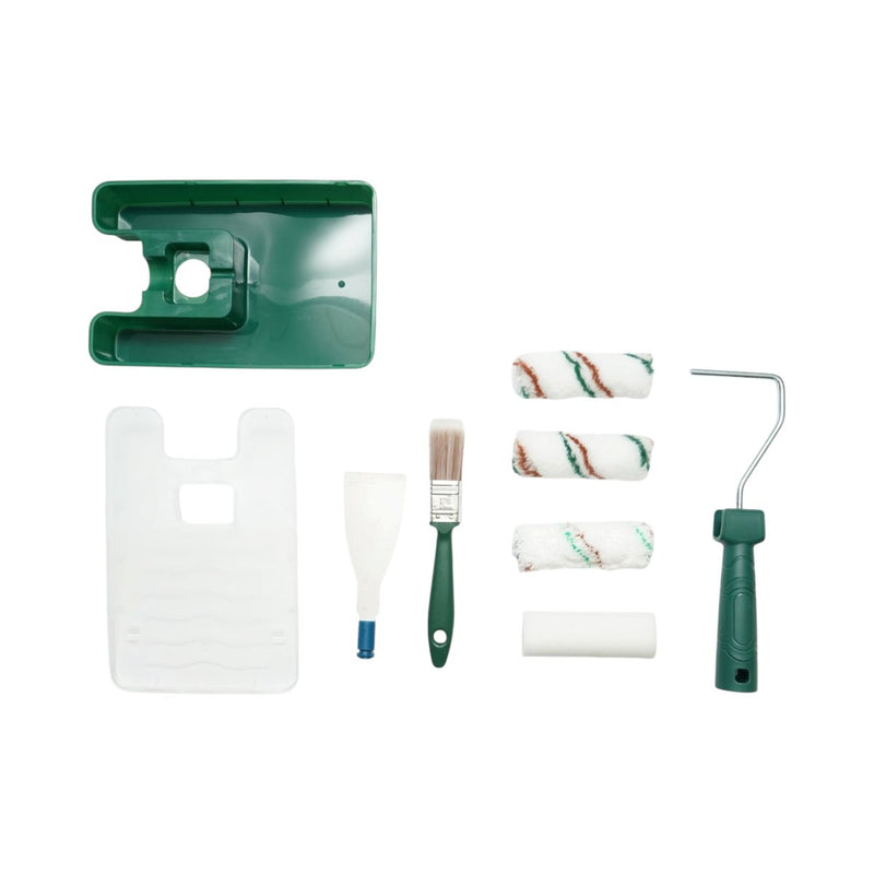 Set per verniciatura da 8 pezzi: telaio per rullo da 10 cm, 2 rulli in poliestere, 1 rullo in microfibra, 1 rullo in spugna, pennello da 25 mm, spatola, vaschetta per vernice. Breckner Germany
