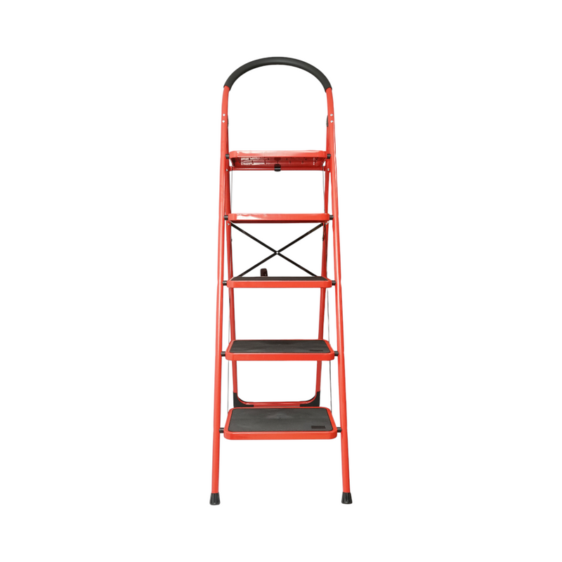 Scala pieghevole in acciaio rosso, 5 gradini antiscivolo, altezza 165 cm, portata massima 150 kg Breckner Germany