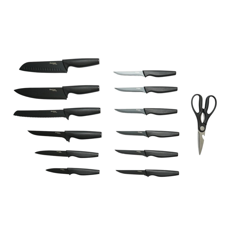 Set di coltelli da cucina da 15 pezzi con ceppo, tagliere e forbici; lame in acciaio 3Cr13, manici in PP nero. Breckner Germany