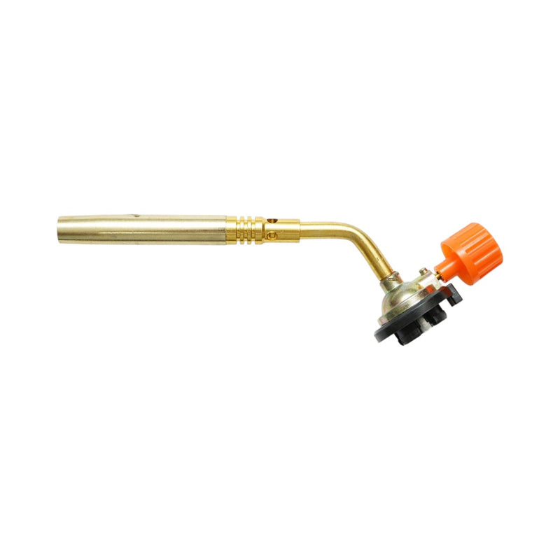 Testina per cannello a gas per bombolette spray, accensione manuale, fiamma regolabile a 1300°C.