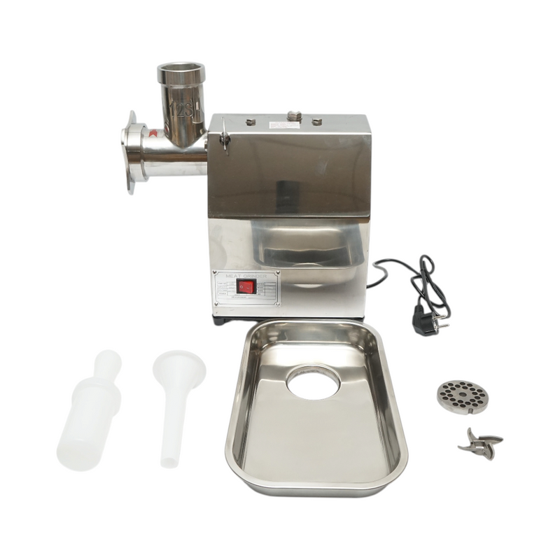 Tritacarne elettrico in acciaio inox 1600W, 220V, capacità 150 kg/h, adattatore per salsicce, 1 piastra e 1 coltello inclusi – 380 × 210 × 415 mm