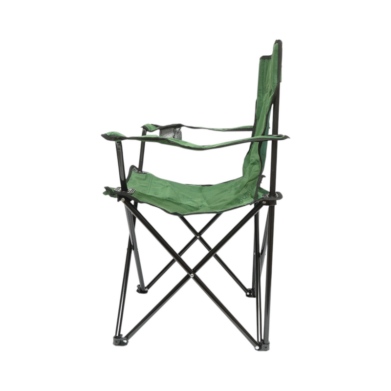 Sedia da campeggio pieghevole verde con portabicchieri, borsa per il trasporto e struttura in metallo (50x80x80 cm)