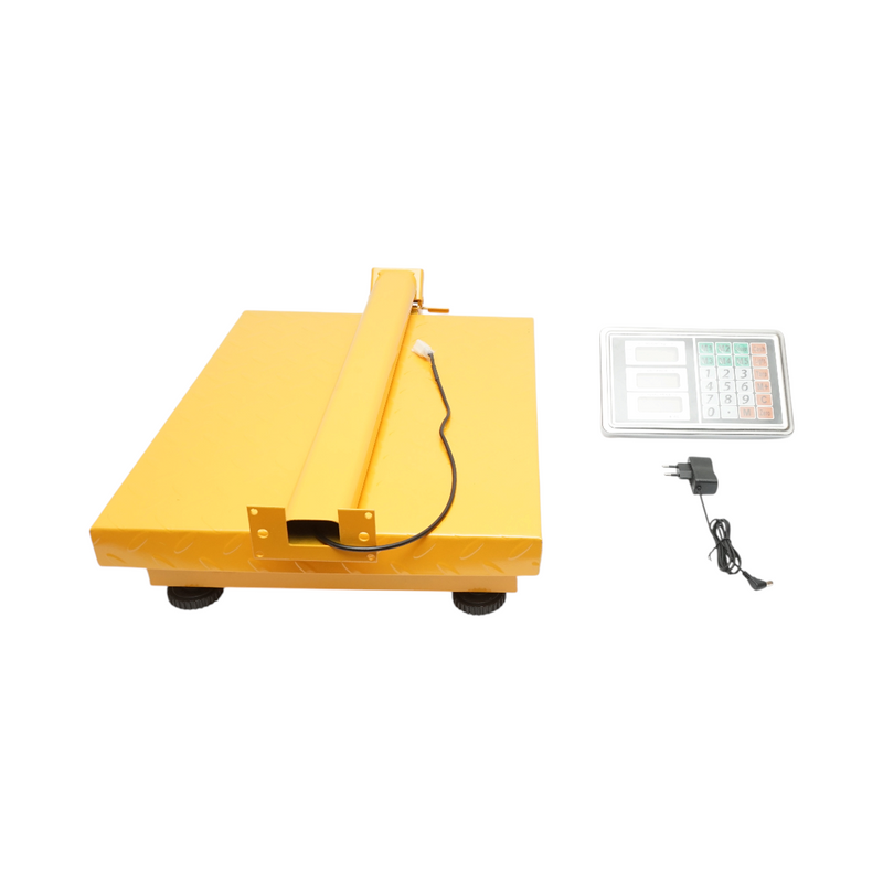 Bilancia elettronica a piattaforma, portata 350 kg, 500x400 mm, con colonna ripiegabile e display LCD.