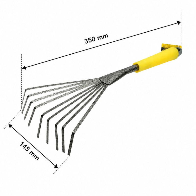 Rastrello a ventaglio da giardino Crownman 145x350 mm con 9 denti flessibili in acciaio al carbonio e impugnatura ergonomica in PP.