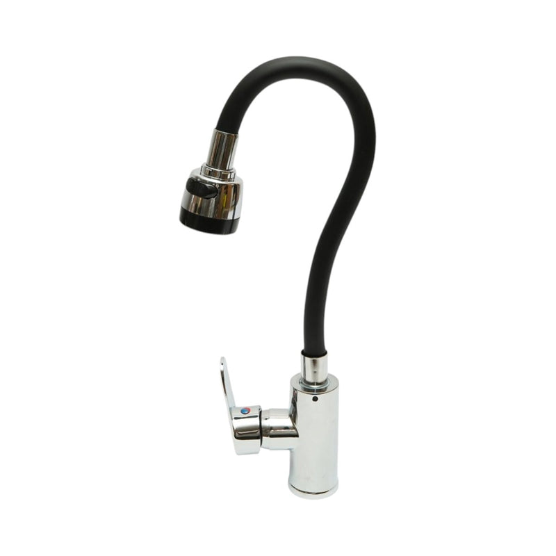 Rubinetto per lavello cucina con bocca flessibile, aeratore a due funzioni, finitura cromo lucido e nero, lega di zinco, flessibili inclusi.