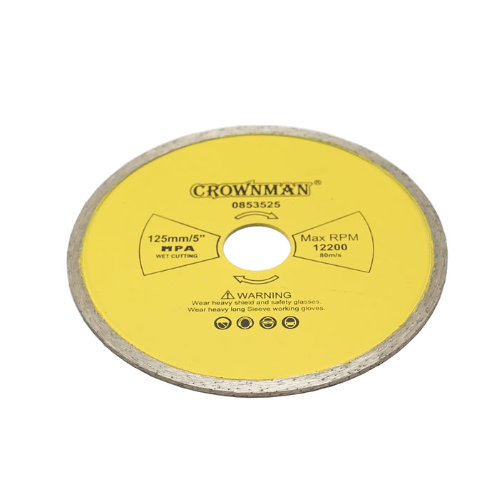 Disco diamantato continuo 125x22.23 mm, velocità massima 12.200 giri/min, taglio a umido per pietra, ceramica, granito, gres e marmo, Crownman