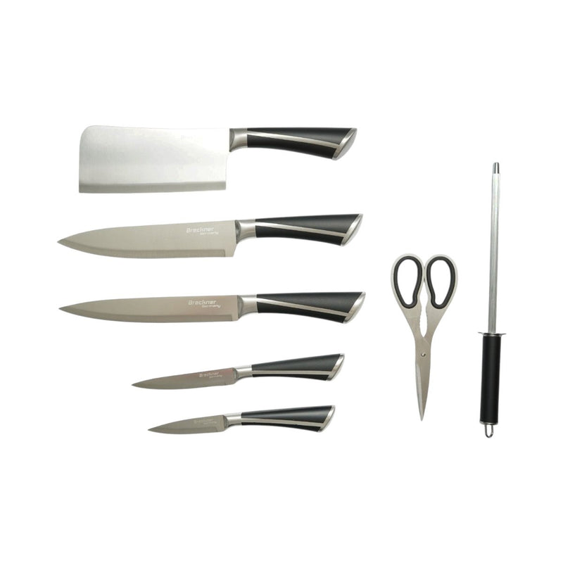 Set di coltelli da cucina da 8 pezzi con supporto girevole in acrilico, forbici e acciaino; lame in acciaio 3Cr13, manici in acciaio 18/0 nero. Breckner Germany
