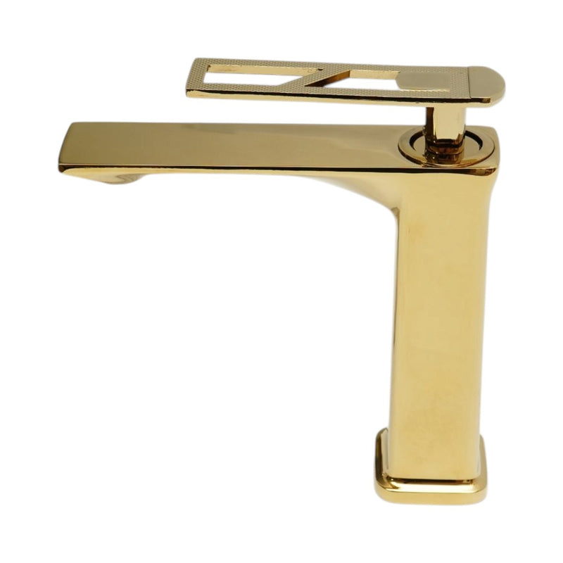 Miscelatore alto a base quadrata per lavabo, monocomando, finitura oro lucido, lega di zinco, flessibili inclusi