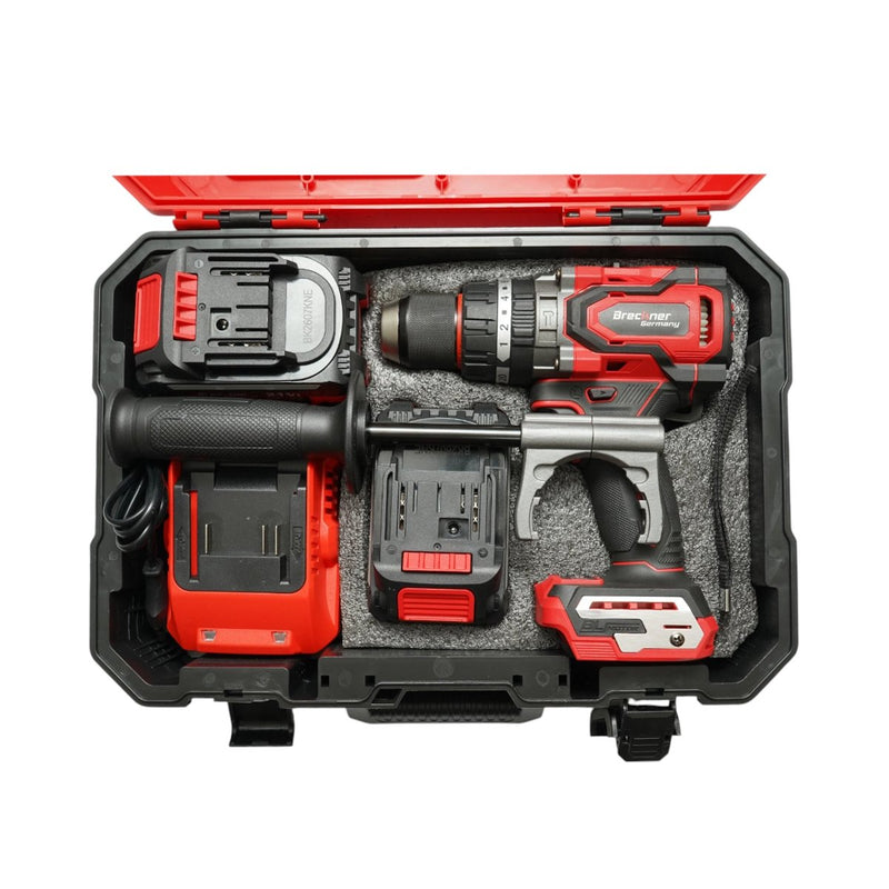 Trapano avvitatore a percussione brushless da 1000 W, due batterie agli ioni di litio da 21 V e 4 Ah, LED, 180 Nm, mandrino da 13 mm, 0-500/2000 giri/min, impugnatura antivibrazione Breckner Germany
