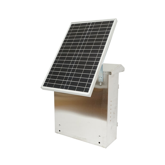 Generatore di impulsi 12 Joule, DC12V/220V, con pannello solare 30W e batteria 12V 12Ah in acciaio inox, per recinzione elettrica Breckner Germany.