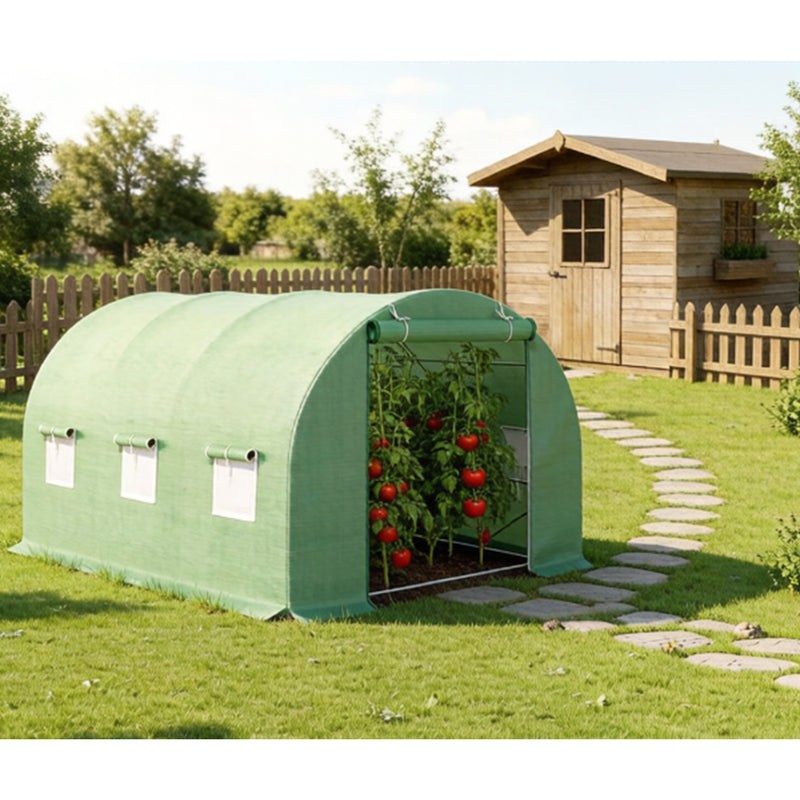 Serra da giardino 300×200×200 cm, telo verde in PE con rete 140 g/m² anti-UV, 1 porta, 6 finestre, tubo in acciaio zincato 19 mm THOR