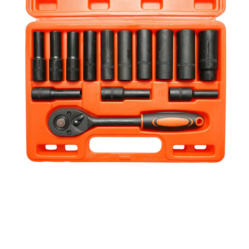 Set di 14 bussole lunghe (8–24 mm) con cricchetto da 1/2" (Cr-V) Breckner Germany